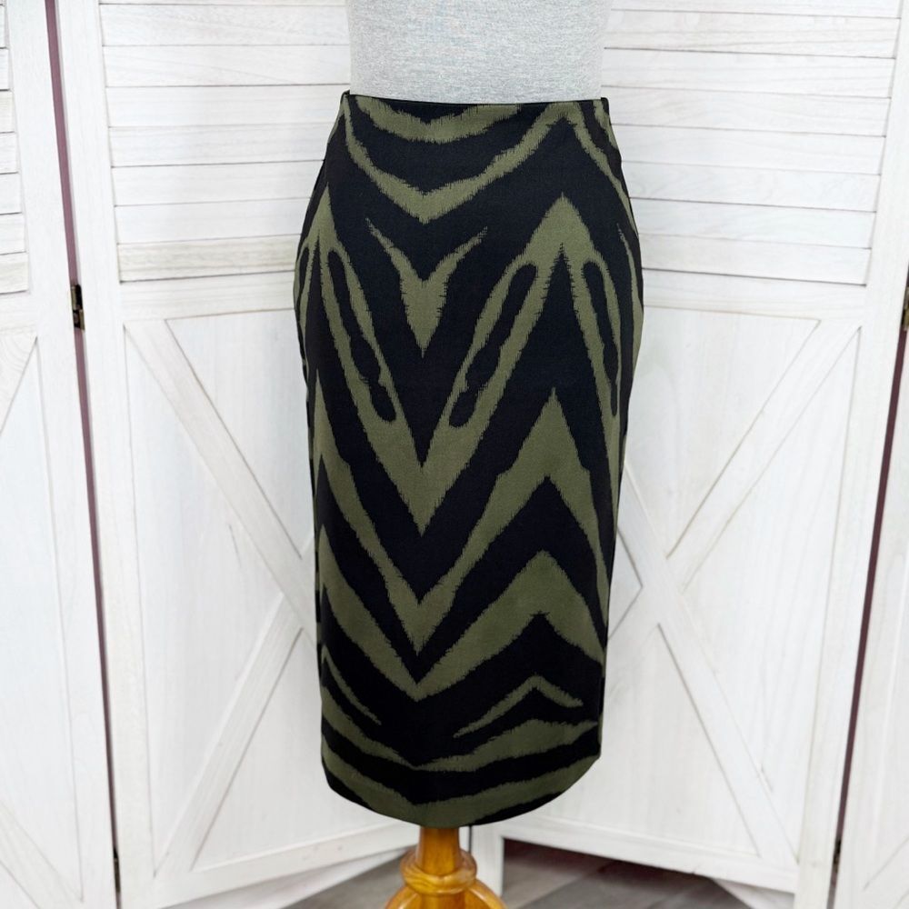 New York &‎ Company Zebra Animal Print Midi Pencil Skirt Green Black Size 0